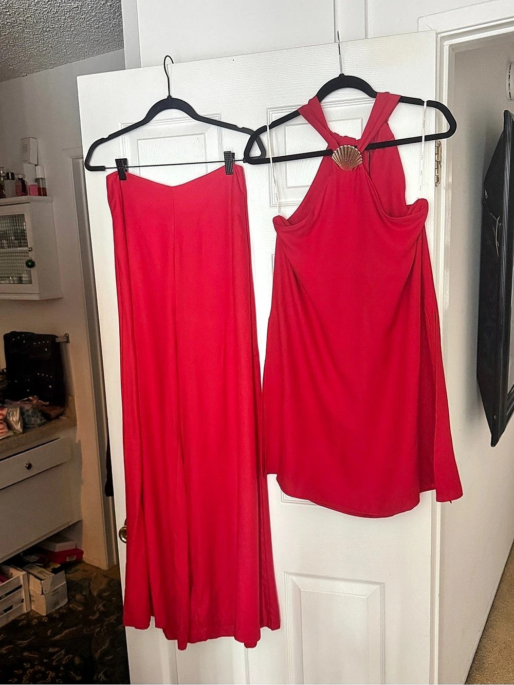 NWT CaCay Brazil 2-Pc Set Halter Tunic Top & Wide Leg Pants Red Shell Detail P/S